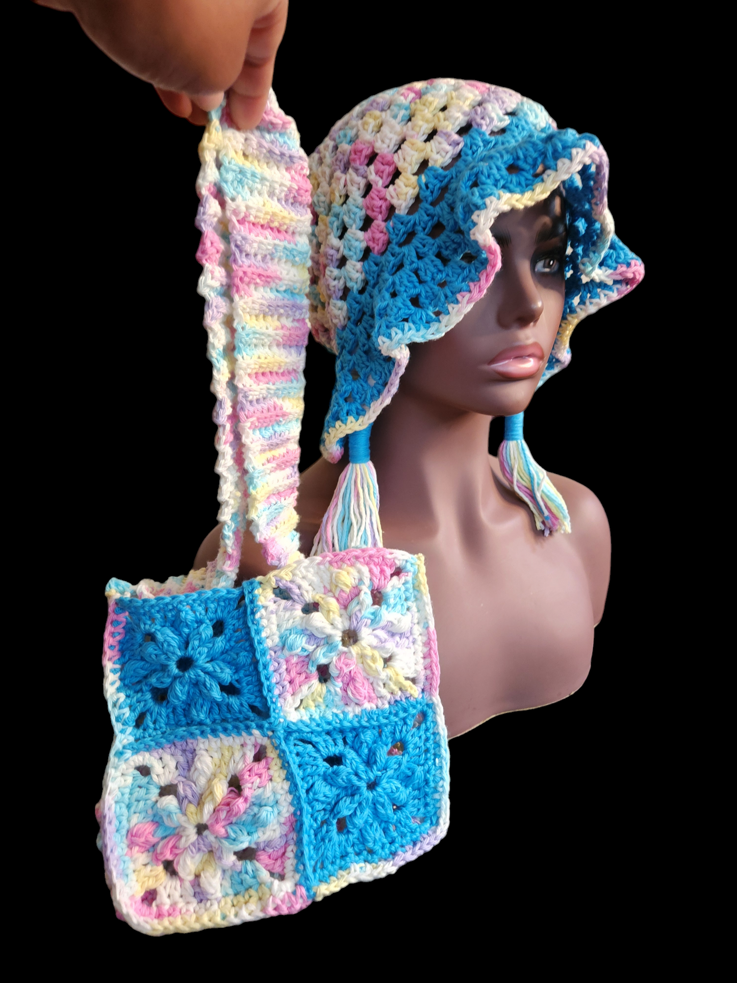 Crochet Bucket Hat, Earrings and Purse Set